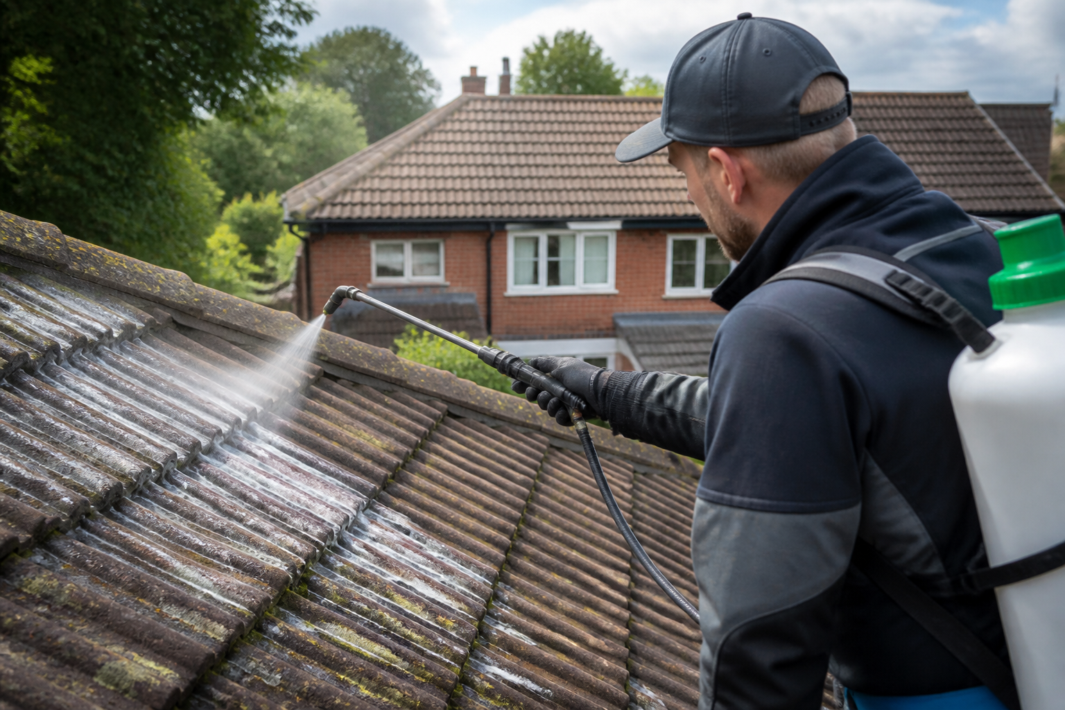 A professional technician using softwashing equipment to carefully clean moss and lichen from a roof, demonstrating…