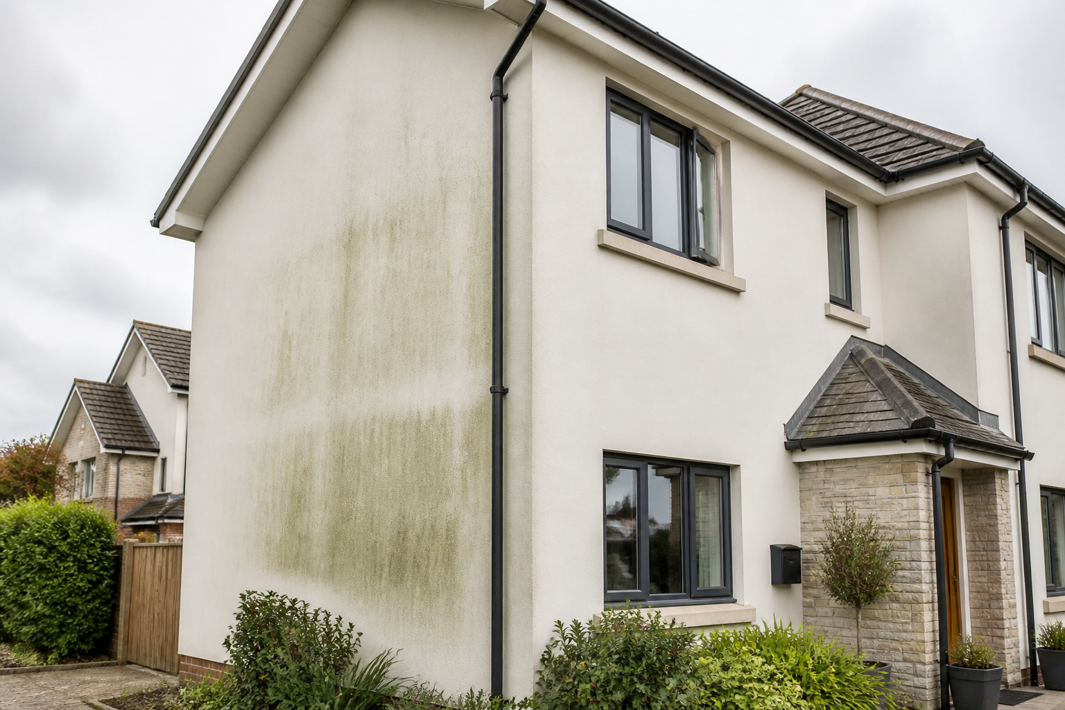 A modern home with green discolouration on its cream-coloured render, illustrating algae growth issues.