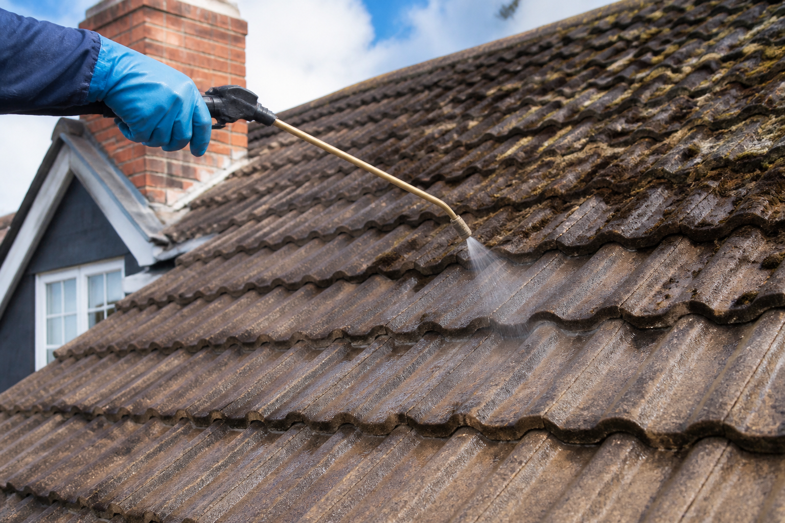 A roof cleaning specialist carefully applying a biocide treatment to a roof, ensuring even coverage to prevent future…