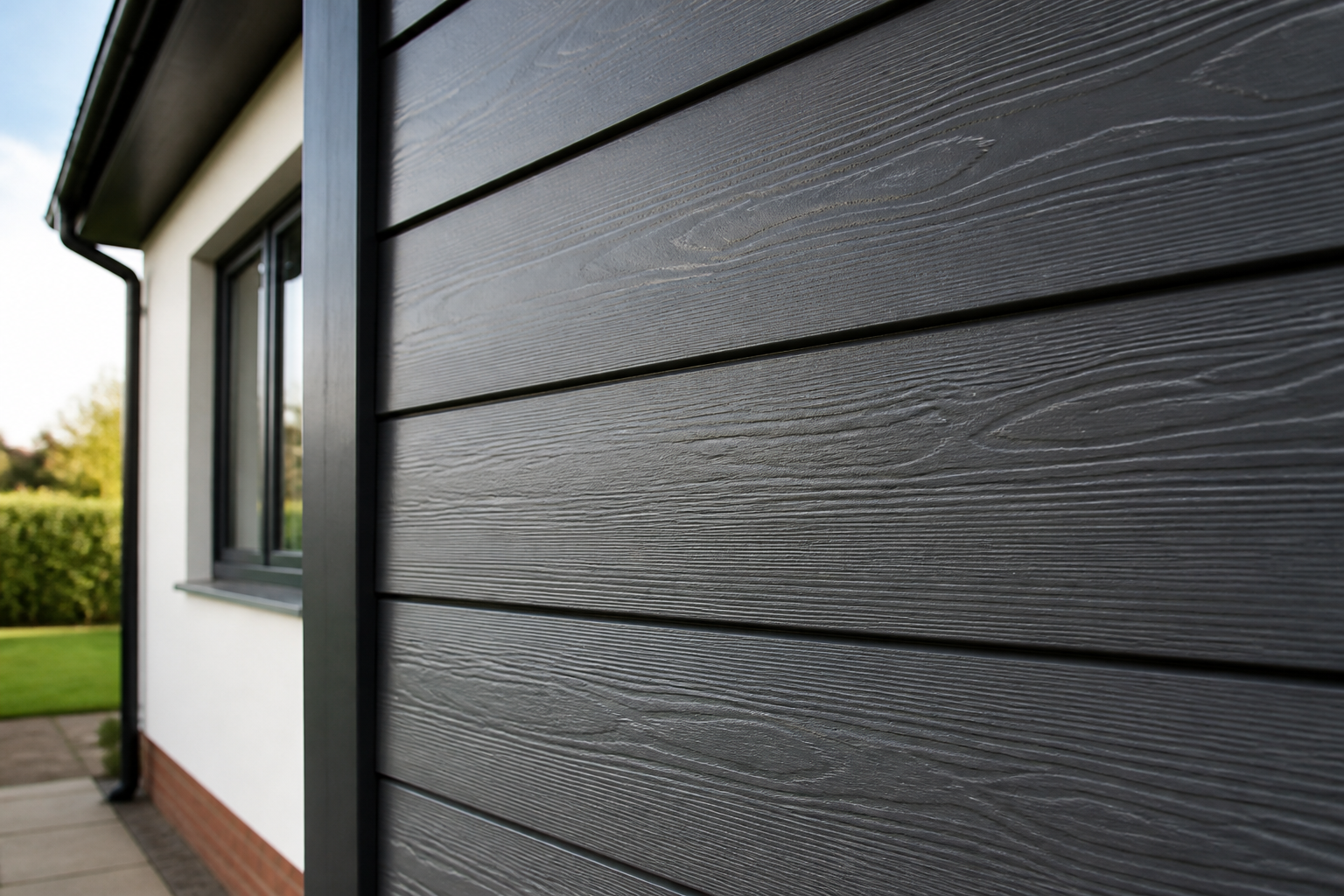 Close-up of a composite cladding panel showing its texture and a subtle wood grain effect, installed neatly on a…