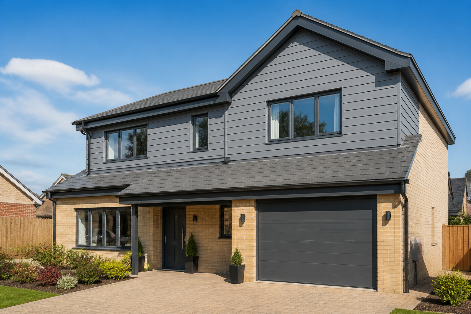 Modern detached house with a mix of grey composite cladding on the upper storey and light brick on the ground floor…
