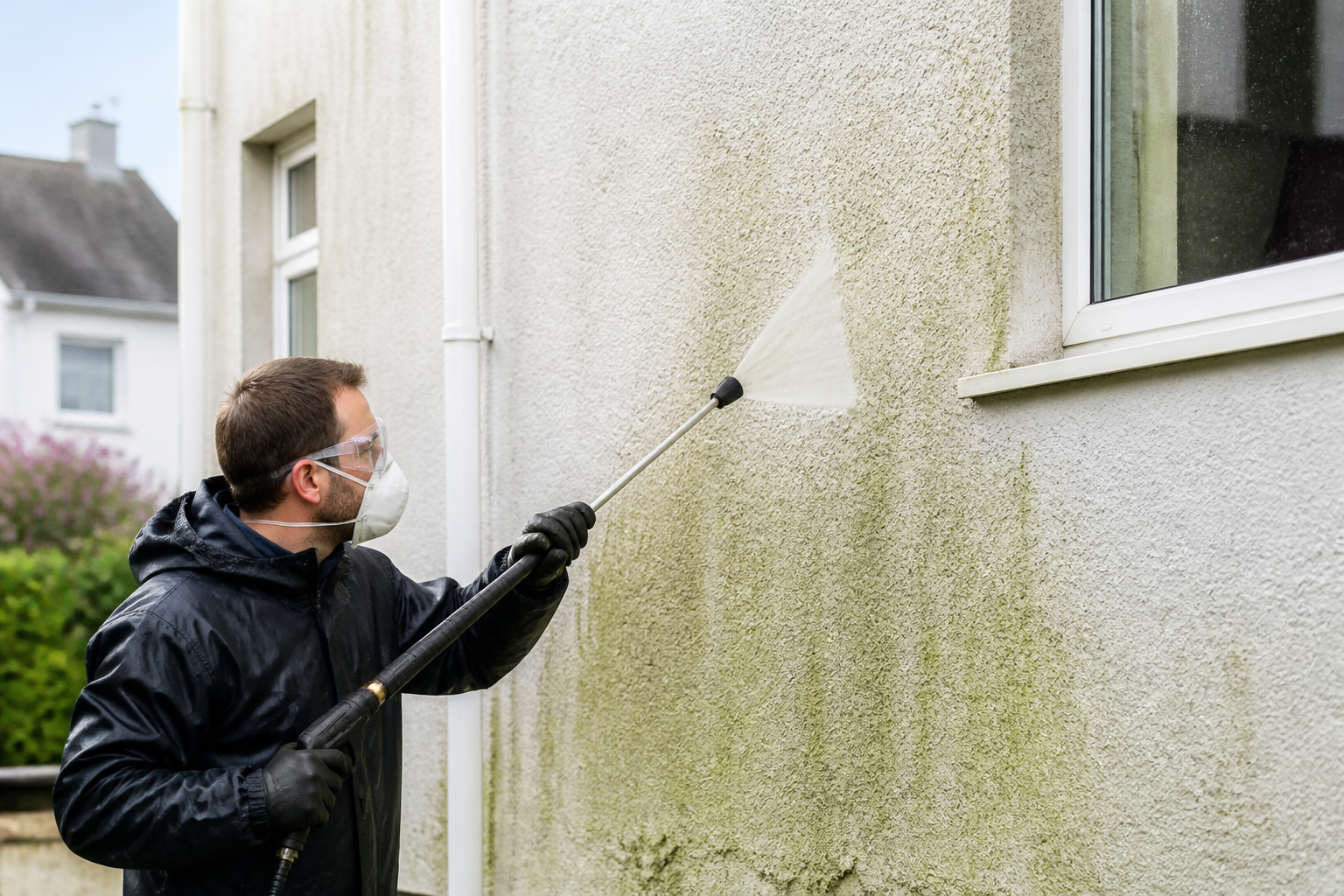 A trained professional carefully softwashing a rendered wall on a residential property in Plymouth, using specialised…