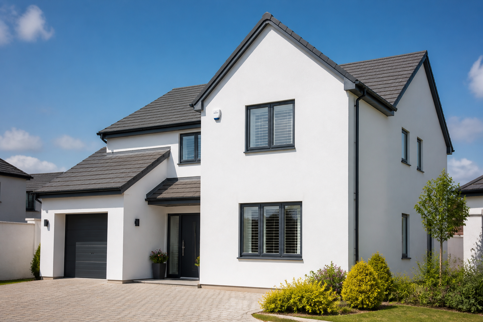 A clean, modern home with a freshly cleaned, bright white K Rend exterior in Plymouth, showing a noticeable before and…