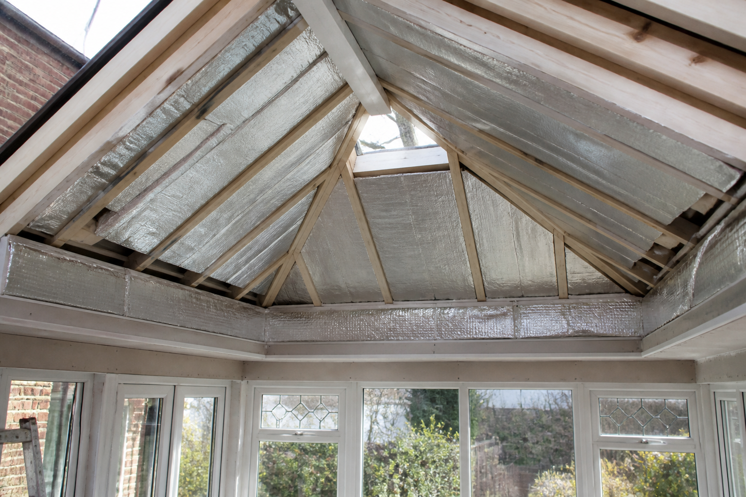 Close-up of a SupaLite insulated warm-roof system installation, showing layers of insulation and sturdy construction.