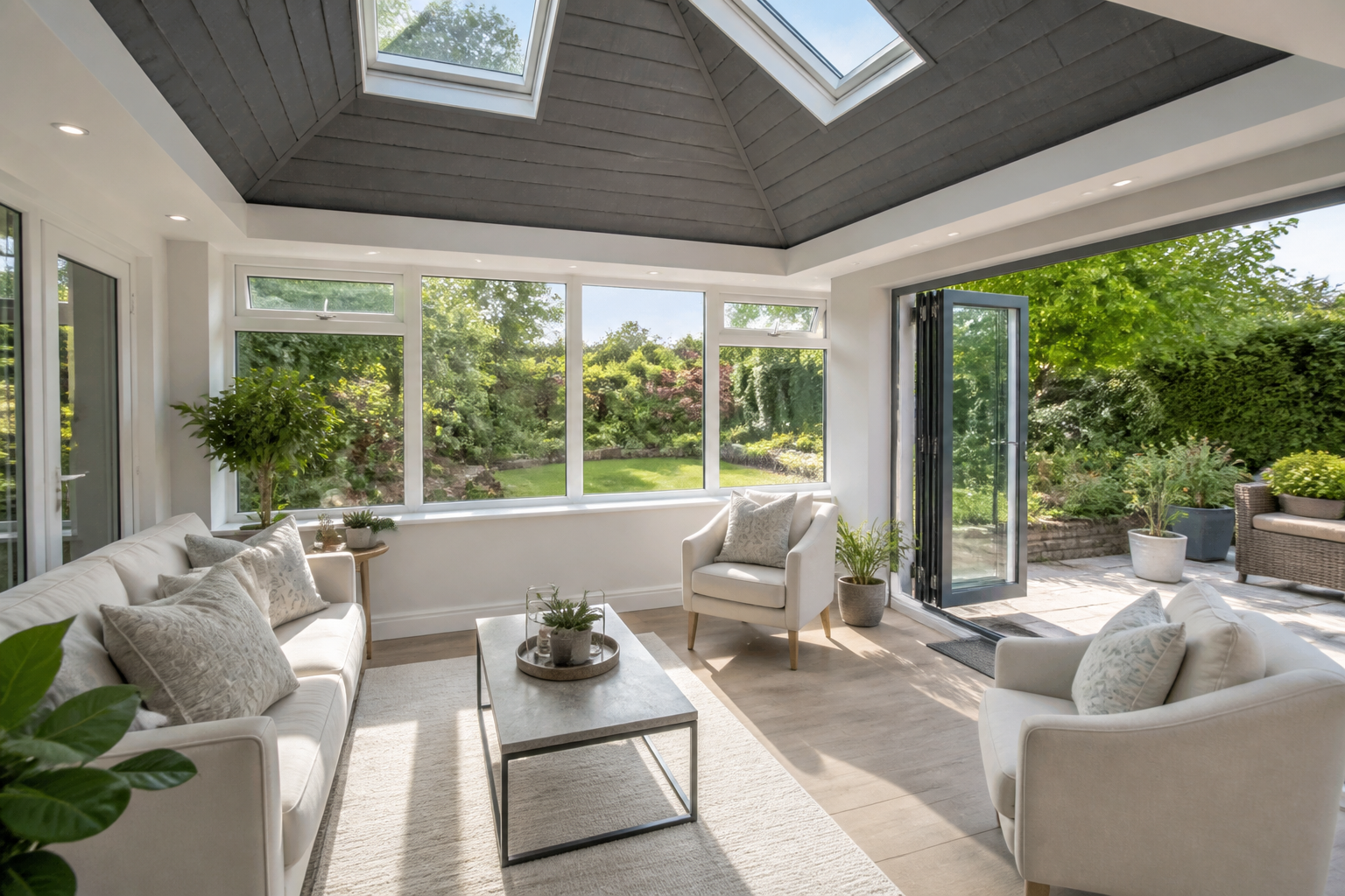 Bright conservatory interior with a new SupaLite tiled roof system visible, showing natural light entering through…