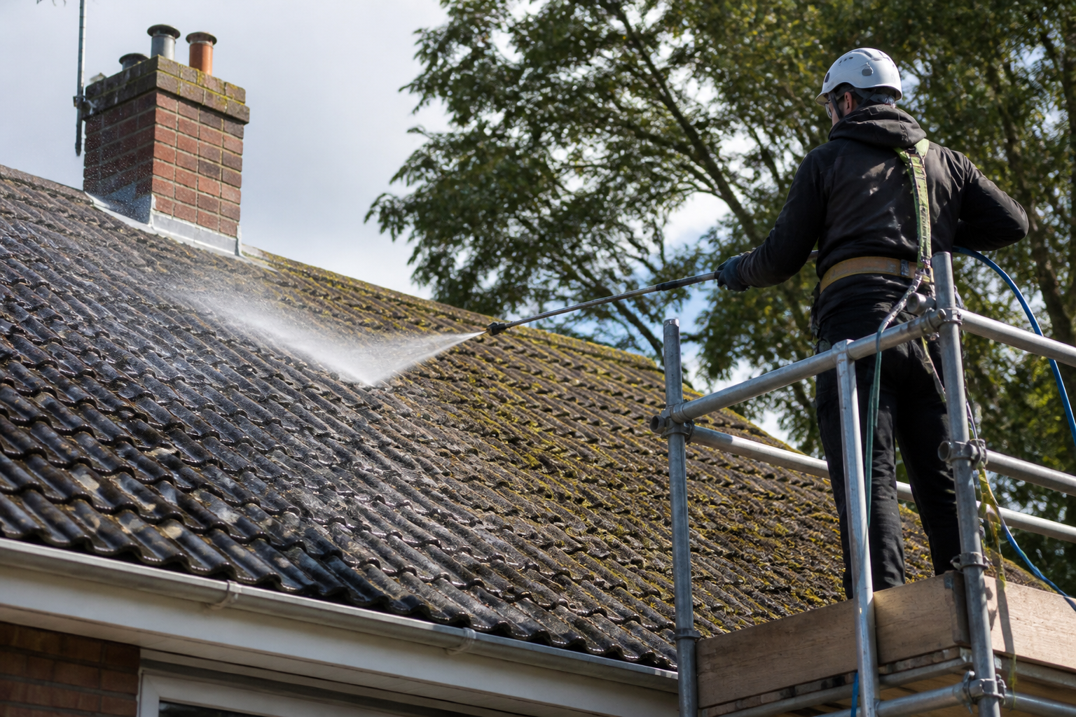 A professional from Southside Better Roofs carefully applying biocide treatment to a roof, showing the cleaning…