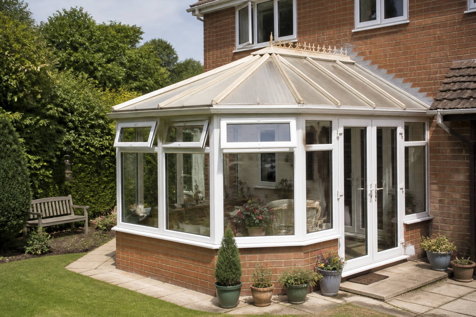 Older conservatory with a clear polycarbonate roof showing signs of wear and tear, situated on a UK home.
