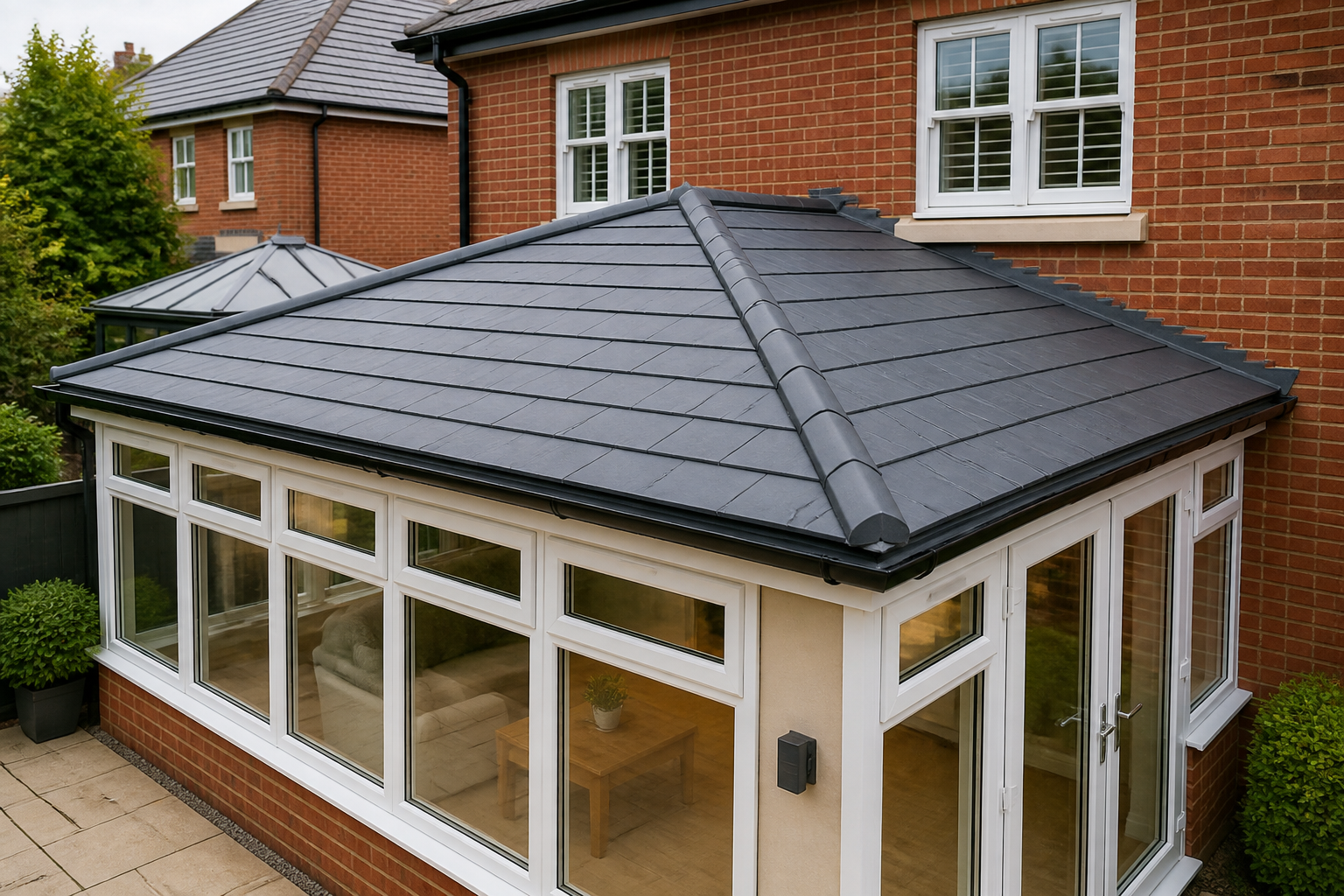Modern, insulated conservatory warm roof on a home, looking sturdy and weather-proof with a solid tile effect.