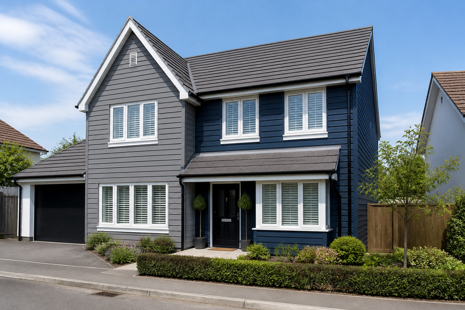 A modern UK detached house in Plymouth, featuring a stunning combination of navy blue composite cladding on the front…