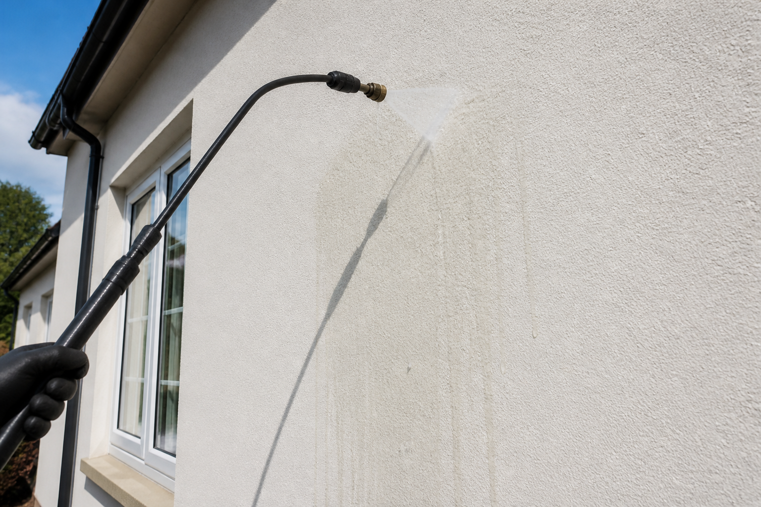 A close-up view of a render wall being softwashed, showing the gentle application of cleaning solution without high…