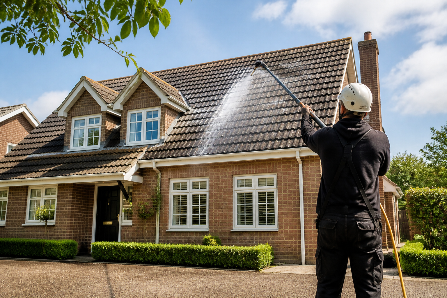 A skilled Southside Better Roofs technician carefully softwashing a residential roof with a low-pressure sprayer…